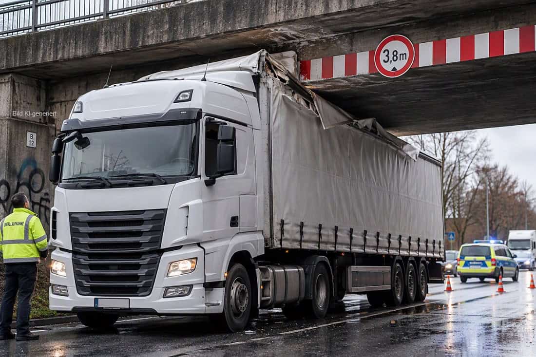 Lastwagen unter 3,8-Meter-Brücke beschädigt