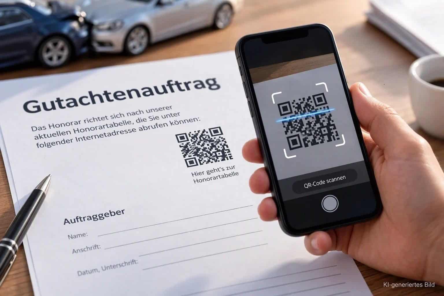 Smartphone scannt QR-Code auf Gutachtenauftrag für Fahrzeuge