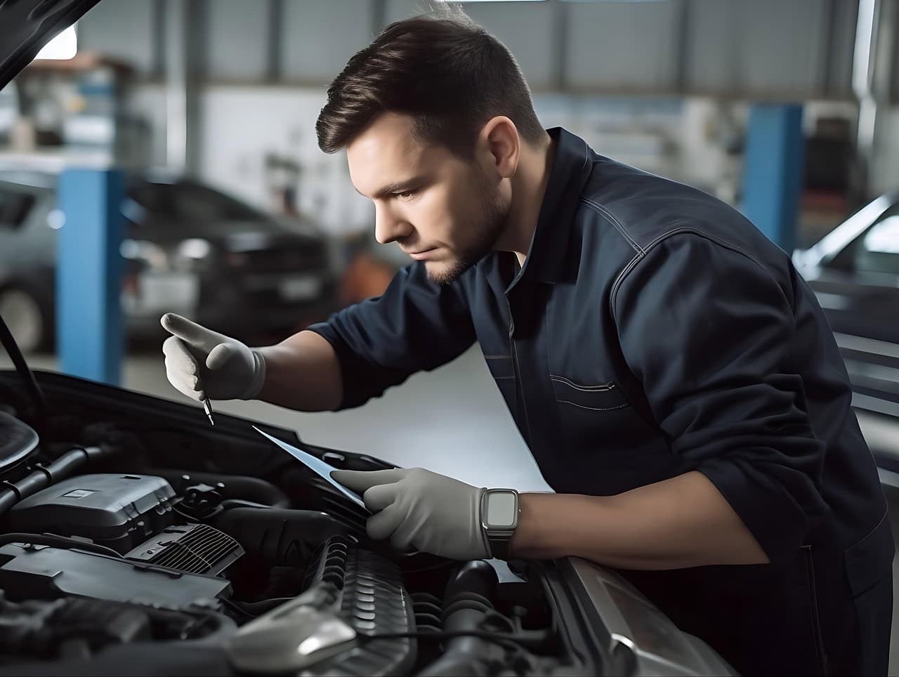 Sachverständiger überprüft Auto in Werkstatt
