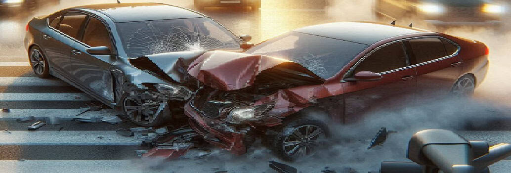 Totalschaden - Autounfall bei Kreuzung, zwei beschädigte Autos.