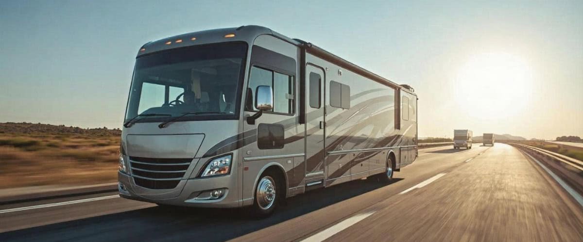 Wohnmobil fährt auf sonniger Straße