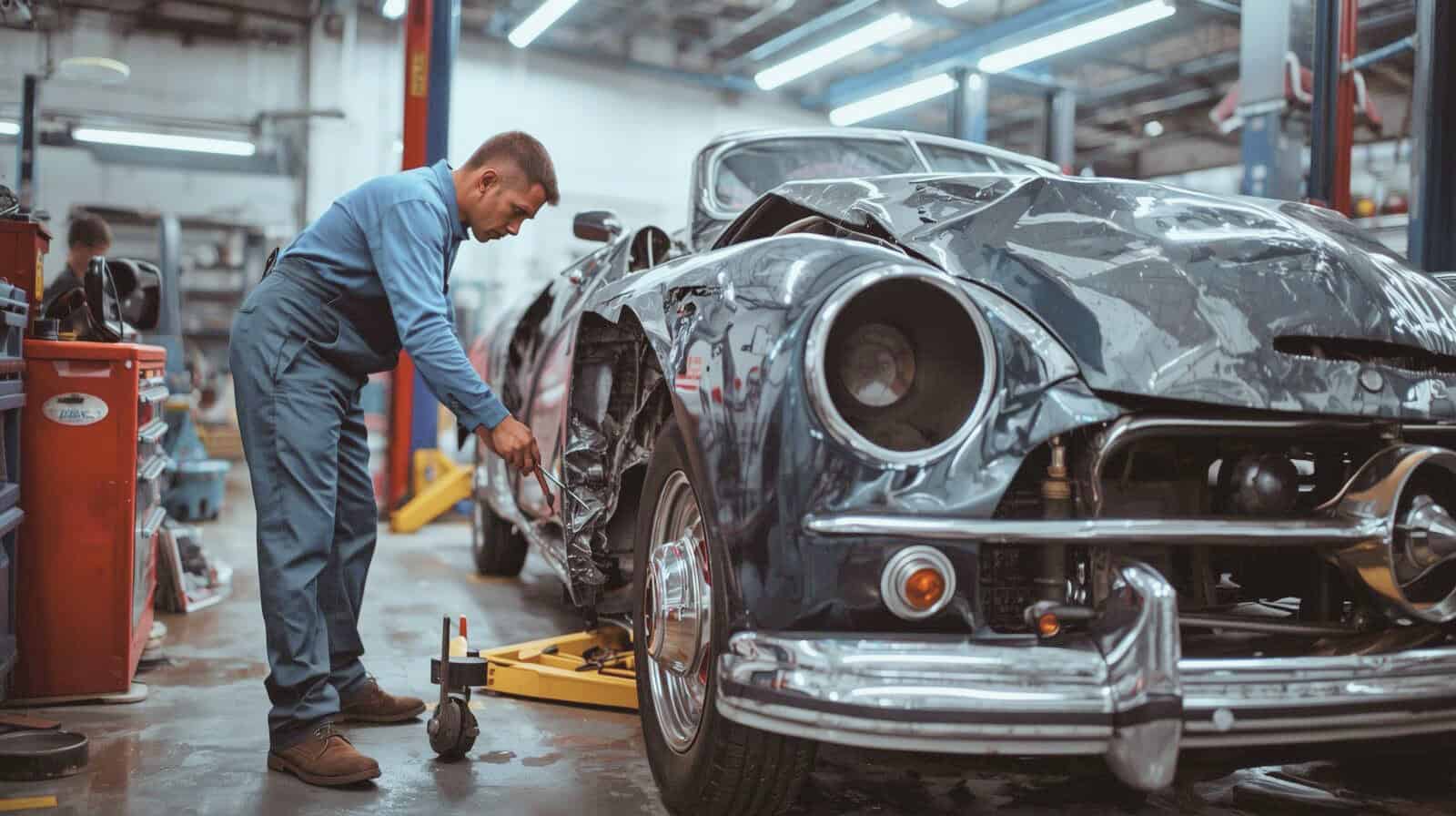 Mechaniker repariert Auto in Werkstatt