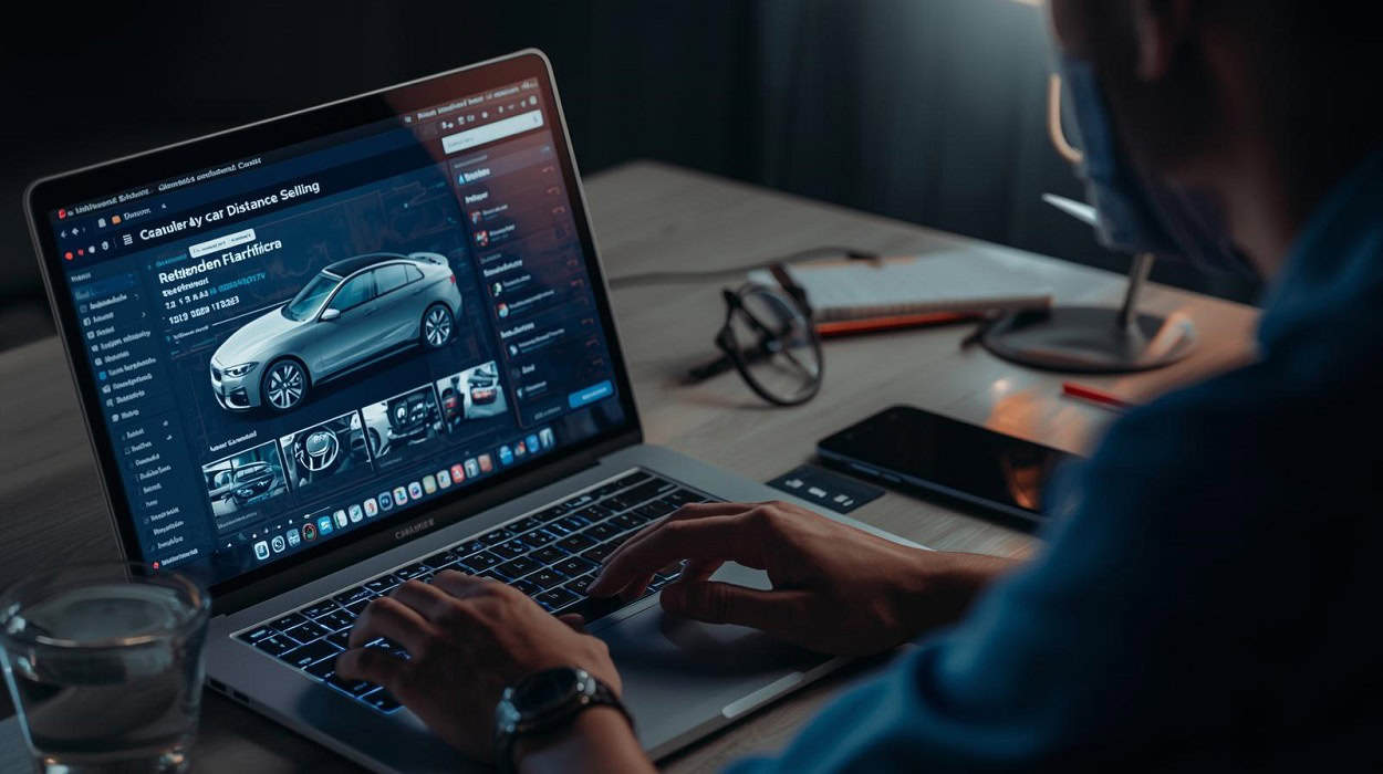 Person sucht online nach Autos auf Laptop