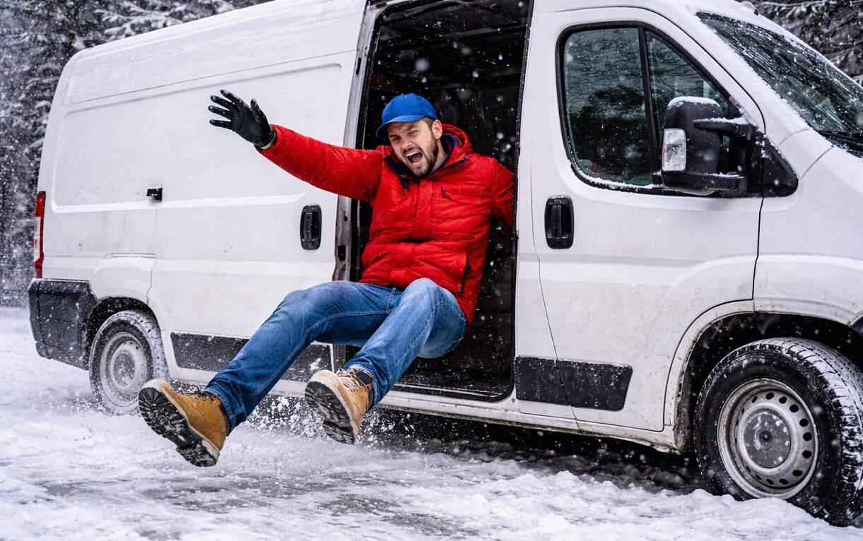 Mann rutscht aus Transporter im Schnee