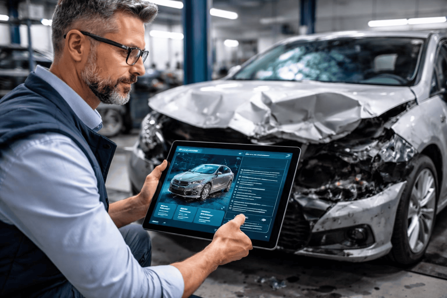 Sachverständiger analysiert Unfallauto mit Tablet.