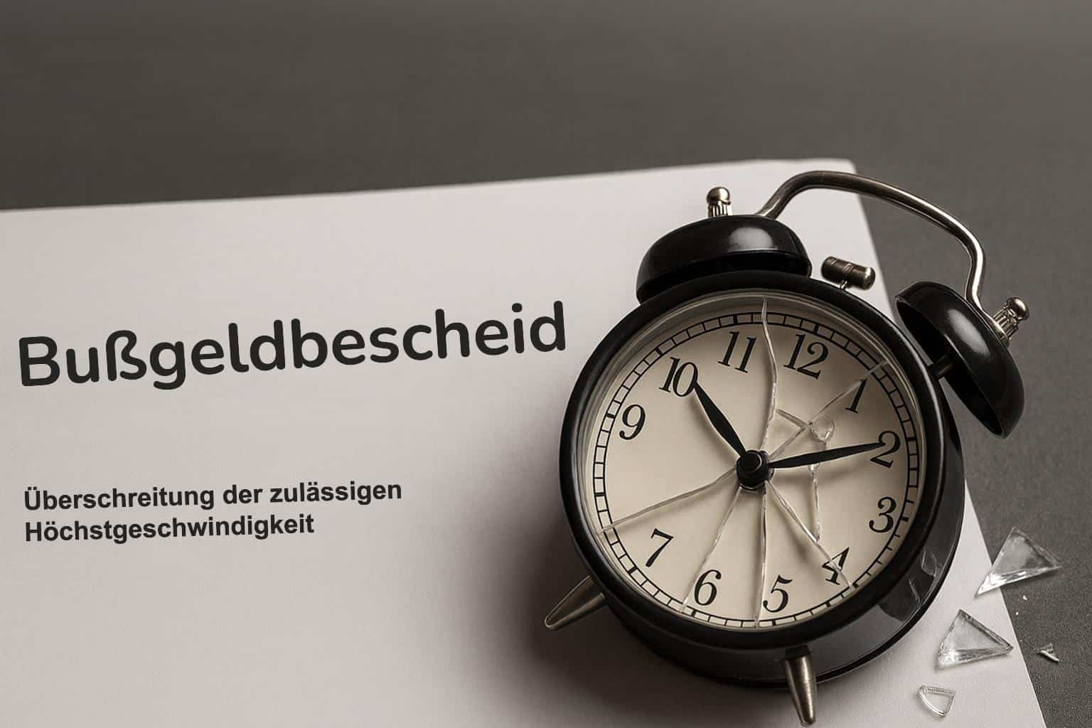 Bußgeldbescheid neben zerbrochenem Wecker