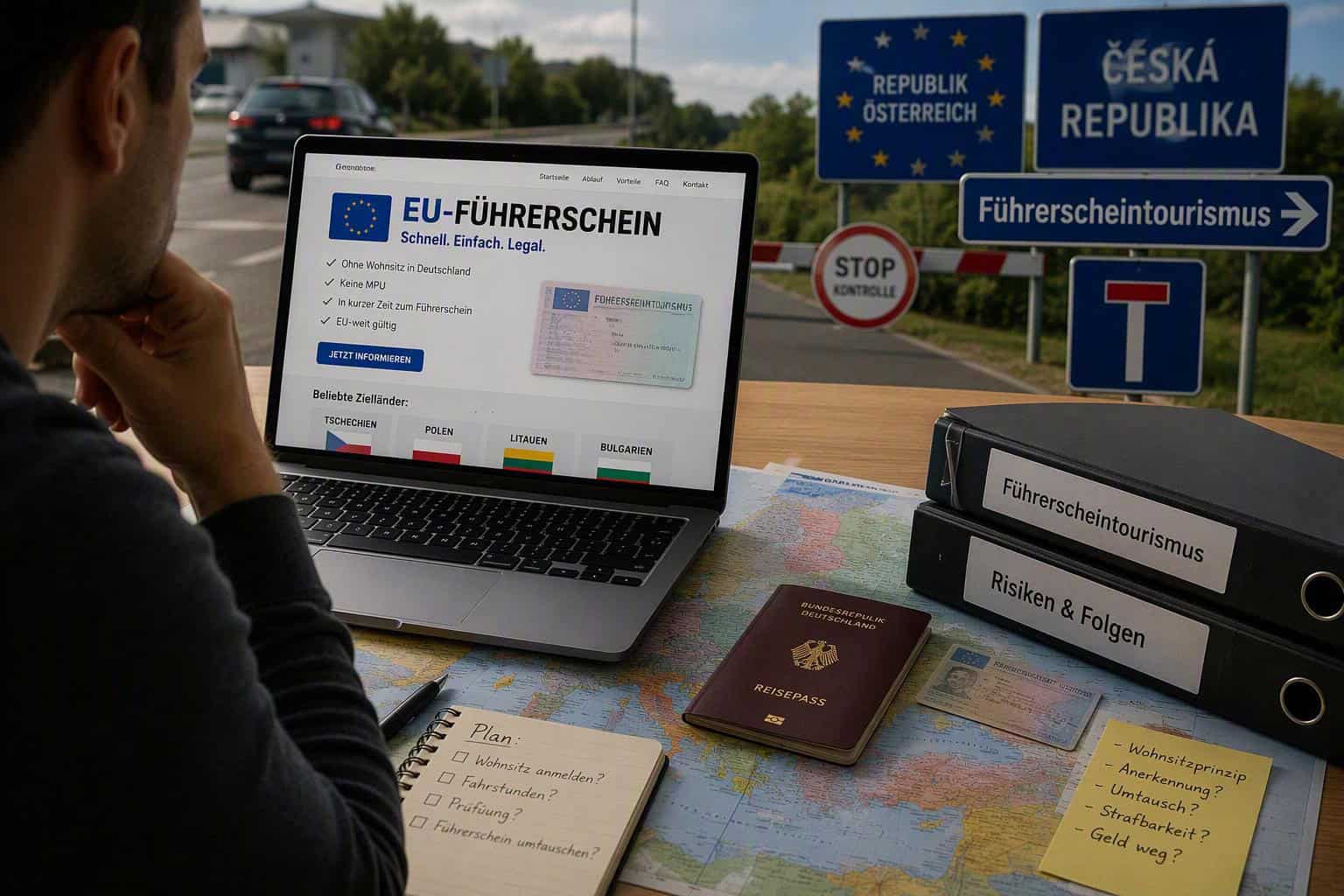 Mann recherchiert EU-Führerschein an Ländergrenze