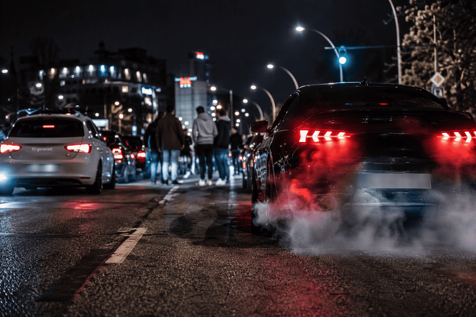 Schwarzes Auto mit Abgasen im nächtlichen Stadtverkehr