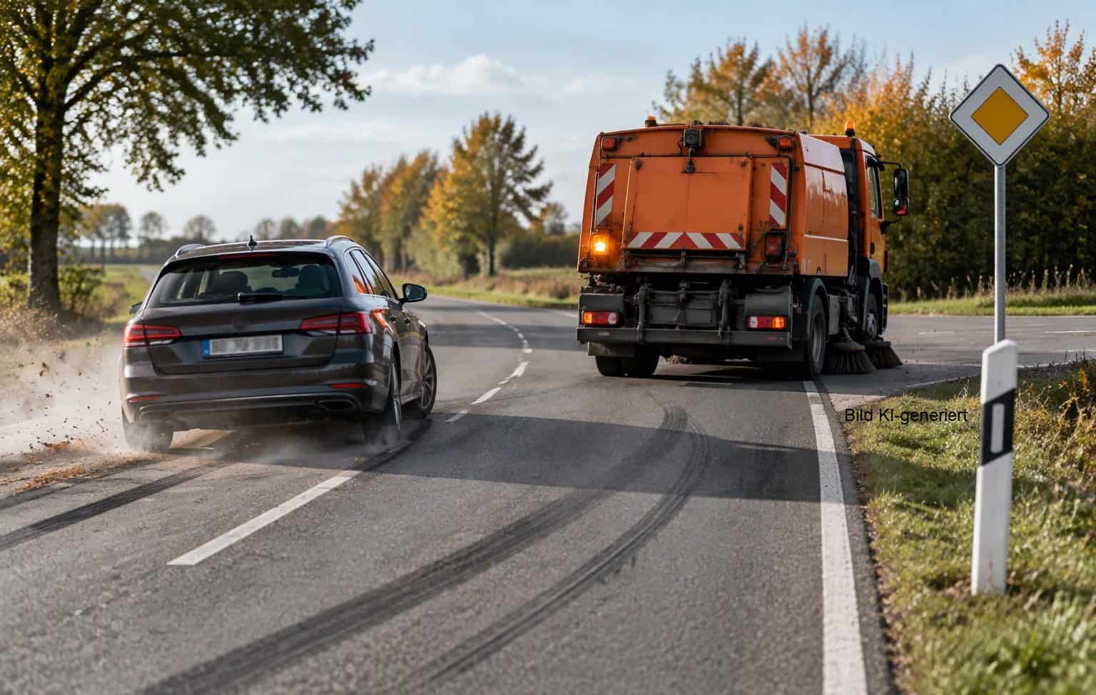 Auto überholt Kehrmaschine auf Landstraße mit Bremsspuren