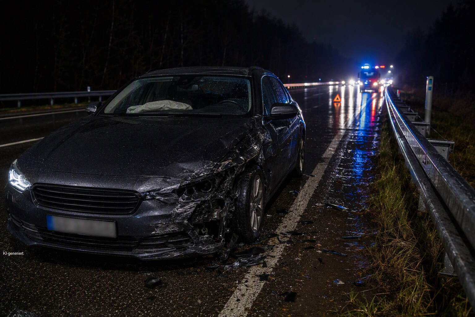 Beschädigtes Auto nach Unfall auf nasser Straße bei Nacht