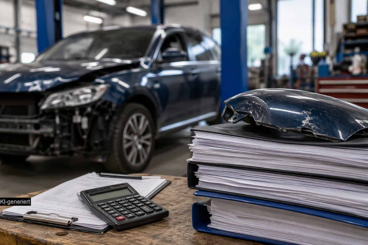 Unfallwagen mit beschädigtem Kotflügel und Schadensakten