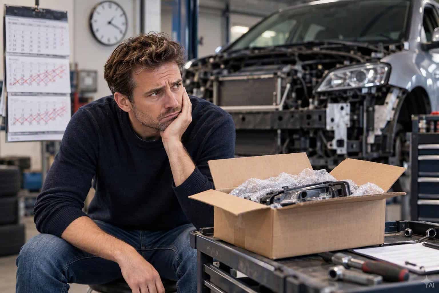 Besorgter Mechaniker vor beschädigtem Auto in Werkstatt
