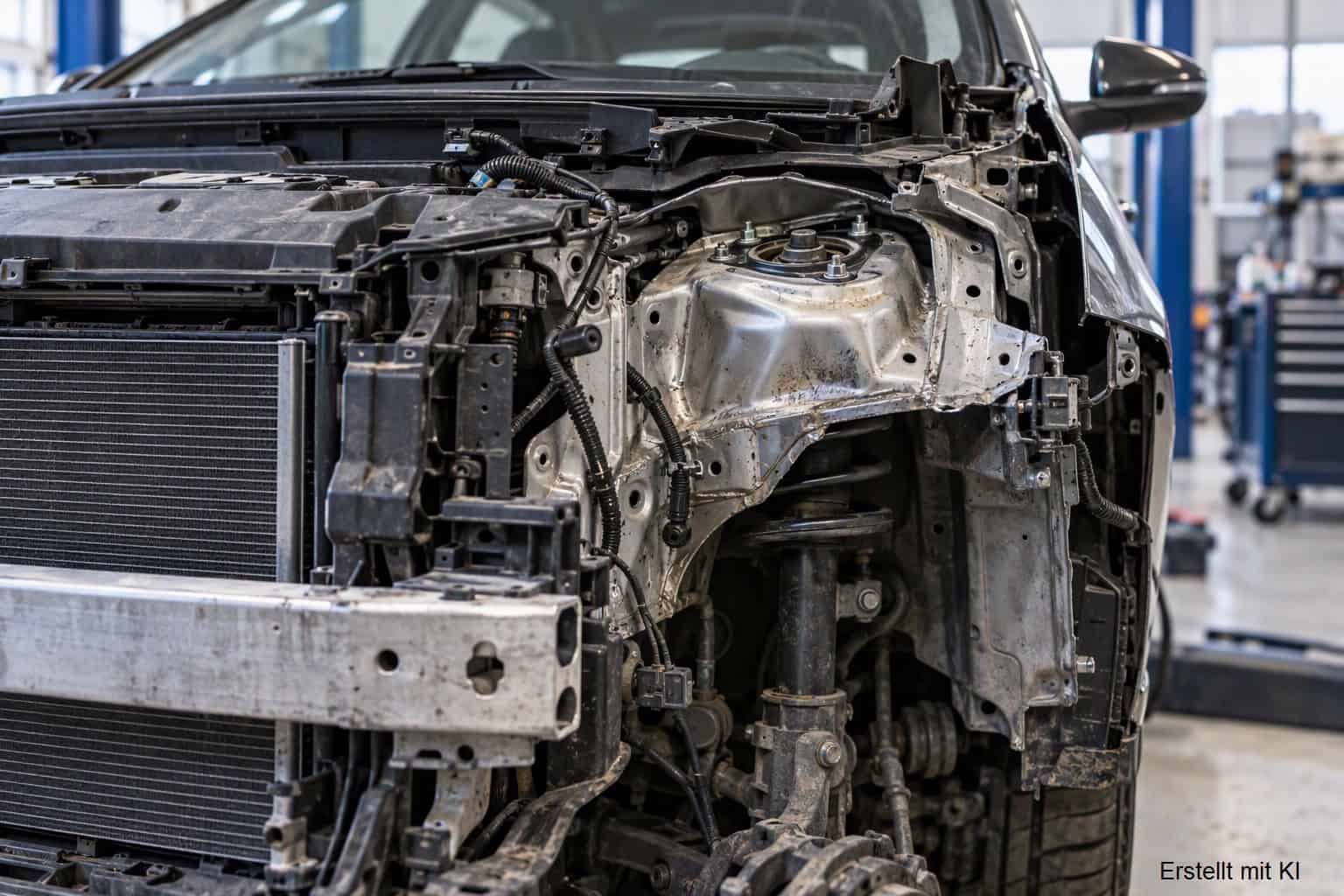 Zerlegter Vorderwagen eines Unfallfahrzeugs mit freigelegtem Federdom in der Werkstatt