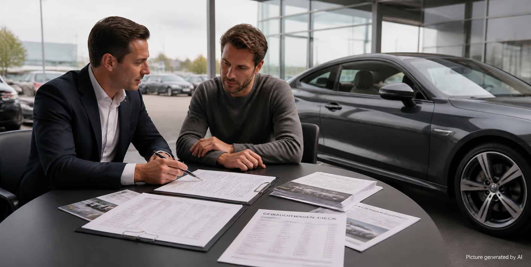 Autoverkäufer berät Kunden zu Gebrauchtwagenunterlagen im Autohaus