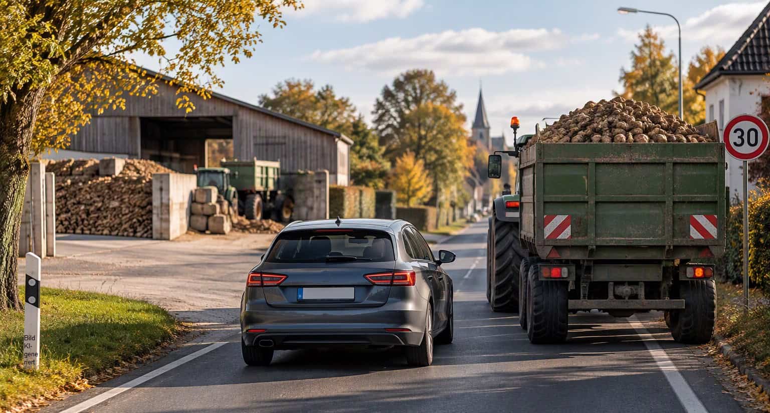 Traktor und Auto kollidieren auf Landstraße während der Rübensaison.