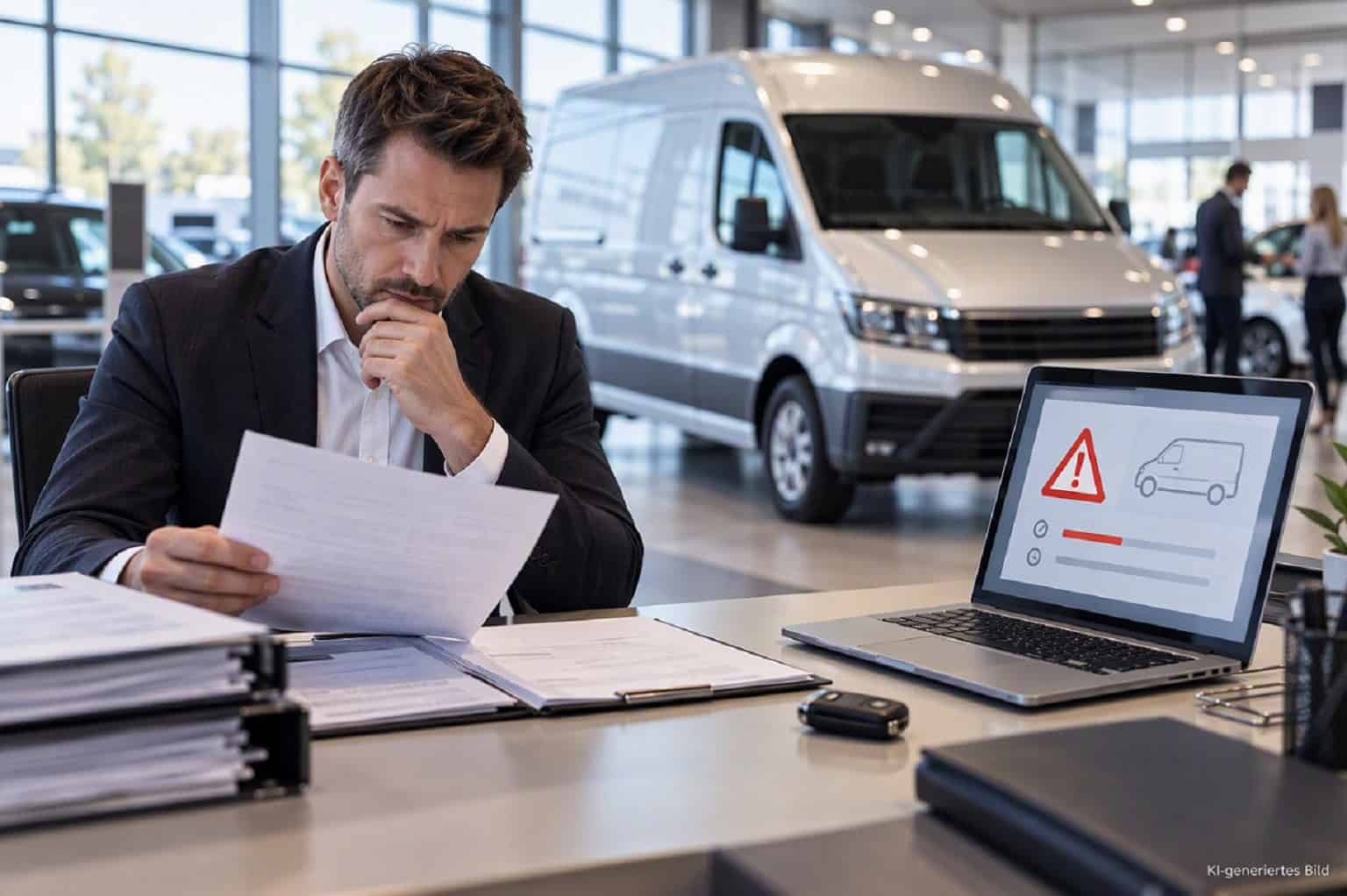 Mann prüft Unterlagen zu Lieferwagen-Warnmeldung im Autohaus